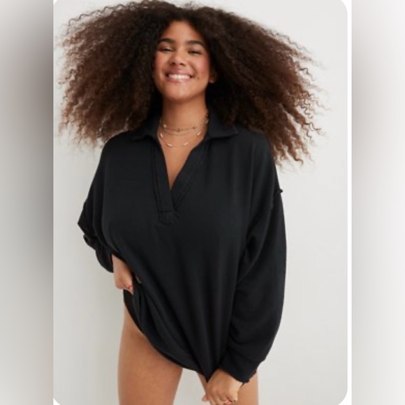 aerie | Tops | Nwt Aerie Sugar Rush Oversized Polo Sweatshirt In Black